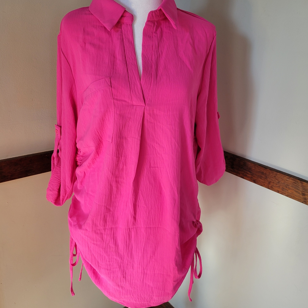 Bright Pink Collared V-Neck Tunic with Side Ties